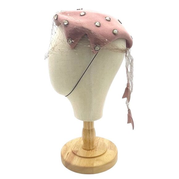 Vintage 1950s Sequin Bead Studded Pink Velour Mesh Veiled Juliet Cap Hat Beret - Picture 9 of 15
